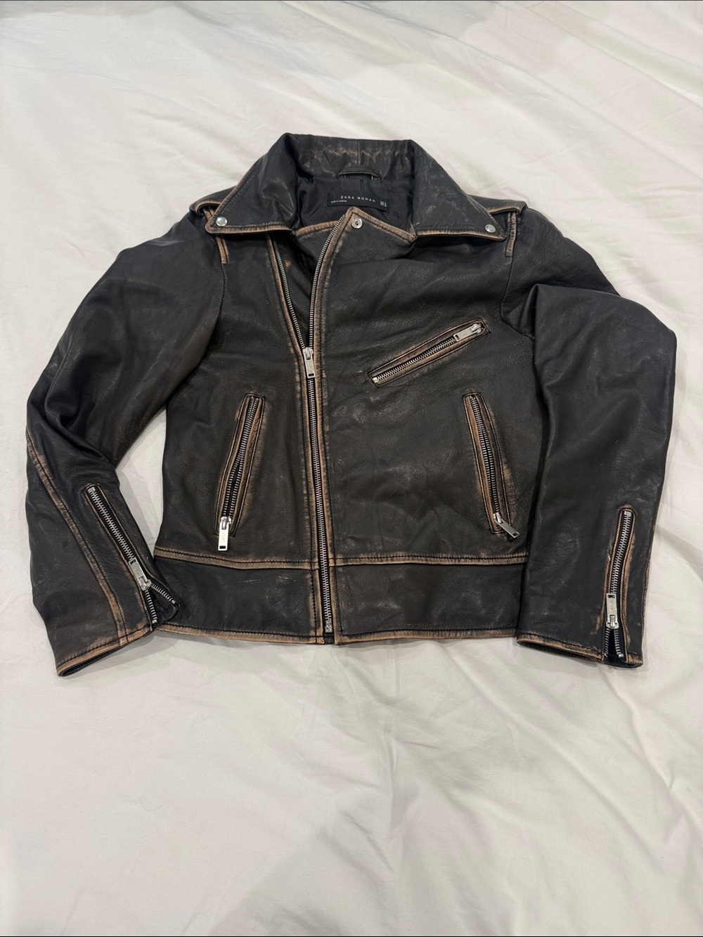 Zara Black Leather Moto Jacket with Brown Trim